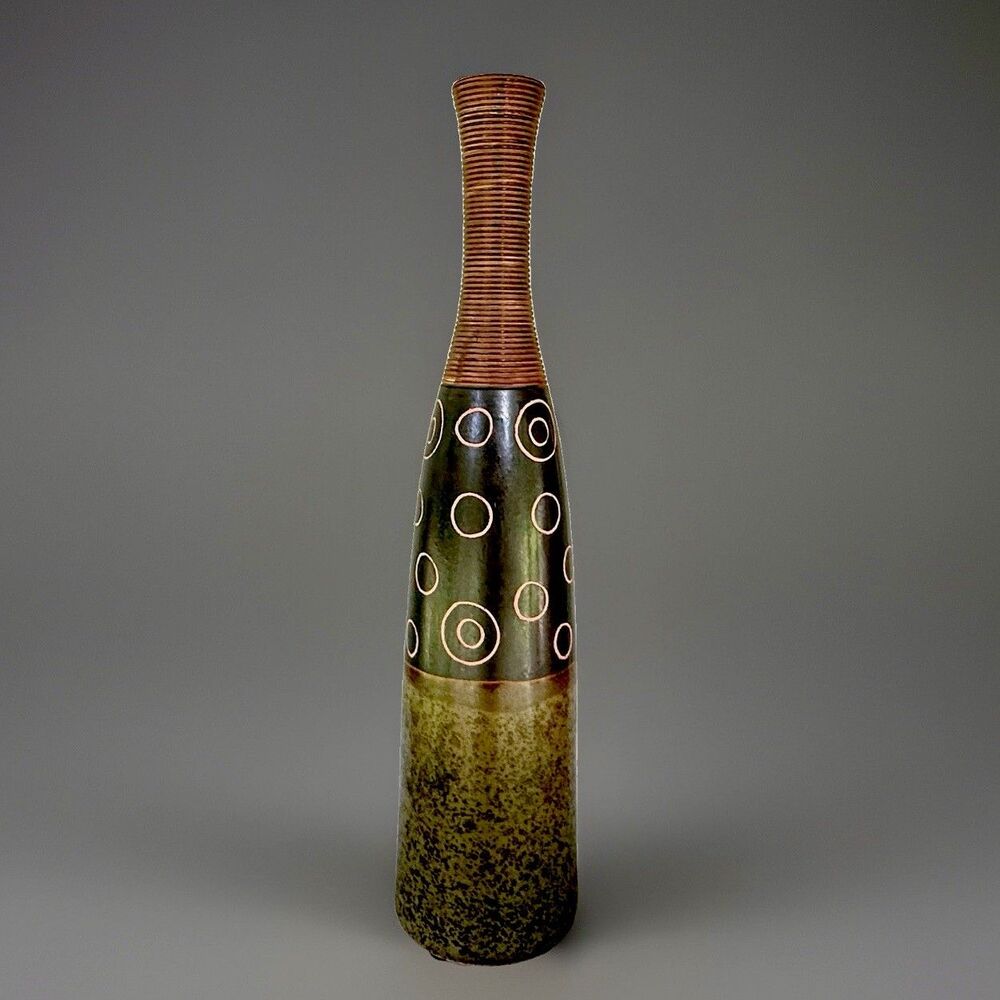 VTG Asymmetrical Art Pottery Vase Ribbed Neck Olive Brown Bottle Shaped 17 “